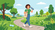 © Bogdan - A woman with curly brown hair walks on a path in a park, holding a reusable water bottle and a tote bag. The scene depicts a vibrant green landscape with trees, flowers, and a blue sky with clouds.