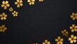 © Azke - Fond élégant noir texturé avec des motifs de fleurs de cerisier dorées japonaises sakura disposées en bordure pour un design de luxe.