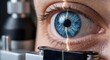 © Nusrat - Close up view of human eye undergoing laser eye surgery or medical diagnostic examination with orange scanning beam light passing over blue iris and pupil using professional ophthalmology equipment