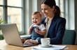 © Pete - Smiling businesswoman types on laptop with baby on lap. Mother works at desk, child plays happily. Woman balances career family, job and motherhood at home office.