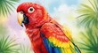 © Rio - 熱帯の森で鮮烈な赤と青黄色の羽根を輝かせるオウムが豊かな緑の葉に囲まれ明るい光を浴びる水彩タッチの美しいイラスト. AI Generated