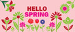 © KhaqanAsif - Hello Spring floral banner with colorful blossoms. Vibrant garden flowers vector illustration. Pink seasonal greeting card background with botanical elements.