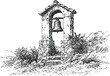 © Purple_Lamp - Old stone bell tower with hanging metal bell in rural landscape, vintage hand drawn sketch