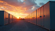 © Pete - Large industrial battery units line up in a row. Sunset light reflects on their surfaces. This infrastructure supports renewable energy storage and grid stability. Future power solutions are here.