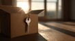 © Hinata - Cardboard box with a key hanging, set on wooden flooring, sunlight streaming through a window