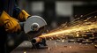 © RealTech - Close-up of a person using an angle grinder to cut metal, creating a shower of bright sparks, highlighting industrial work and safety precautions
