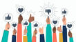 © naufal - Diverse hands of corporate managers and office employees holding signs with like heart and dislike icons, concept for customer feedback survey, reputation management and social media reviews
