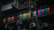 © bephoto - 陰影の香港住宅に浮かぶビビッドな子供服入り洗濯物の生活感