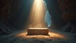 © Viktor - Stone altar inside dark cave. Light beam shines on rock. Mysterious holy place with sandy floor and rough walls. Dramatic religious atmosphere.