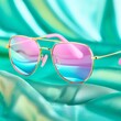 © StasySin - Aviator sunglasses with pink and blue mirrored lenses rest on vibrant teal silk. Gold-colored frames gleam under soft lighting. Stylish eyewear perfect for fashion, advertising