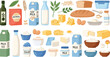 © Rownok - Dairy and Food Ingredient Illustration Set Featuring Milk, Yogurt, Cheese, Olive Oil, and Bread for Cooking and Recipe Designs