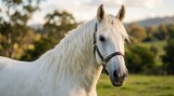 Elegant white horse with long wavy mane in a sunny field. Purebred stallion portrait, equestrian lifestyle, farm nature beauty, rural landscape and animal power concept.