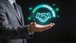 © Lee - Businessman hand presenting glowing neon hologram of digital handshake with progress bar symbolizing successful deal partnership agreement corporate merger and technological
