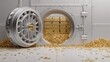 © jmr - Bank vault interior, half-open, filled with gold bars, spilling out onto floor, shining