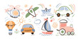 © Alyona  - A set with various types of transport in the style of a hand-drawn children's drawing in pastel colors. Vector illustration.