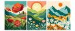 © hadi - Flat nature landscape set with mountains, sun, poppy flowers, and daisies. Minimalist retro summer vector illustration