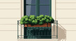 © Marco - Close up view of a green window with a planter box full of lush green bushes and flowers on a classic building facade with shadows.