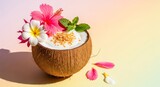 Coconut shell with flowers and creamy filling vibrant colors copy space