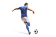 © Ljupco Smokovski - Rear view shot of a football player in a blue jersey kicking a ball