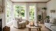 © SimpleLife Stock - Cozy living room with large windows overlooking a lush green garden and natural light