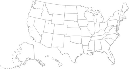  A detailed map of the United States showcasing all states and their borders in a clean line drawing style