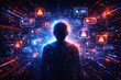© Bane's Studio ;) - Man surrounded by glowing warning signs and digital elements in futuristic interface