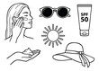 © NK - Line art icon set of 6 sun protection elements featuring sunscreen, sunglasses, hat and SPF cream for summer skincare design