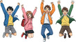 © Lunavera art - Happy teenagers jumping with raised hands, excited students celebrating success, cheerful friends group anime style illustration vector collection