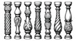 © labirint - Engraving icon set of 7 ornate balusters featuring classical columns with scrollwork, twisted shafts and acanthus carvings for architectural design