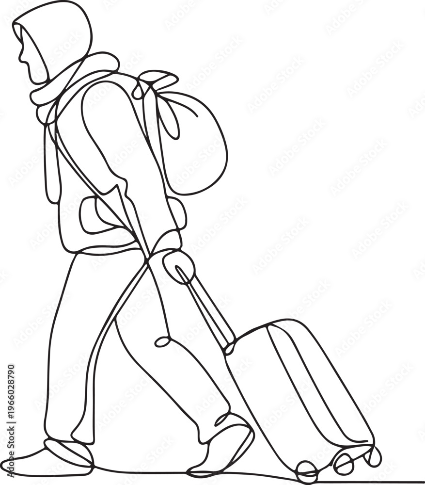 Migation Drawing Refugee carrying suitcase line drawing human migration journey ...