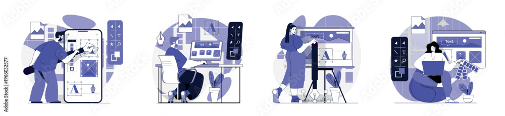 Designer studio concept set for web design. Collection with people ...