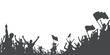 © Yaba Daba Duu - silhouette of soccer fans cheering with flags on white background; large crowd of people celebrating sports victory for football match banner and championship event poster art