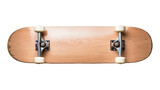 Natural wooden skateboard with metal trucks, isolated on transparent background