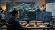 © Valentyna - A professional software developer seated at a wide multi-monitor workstation with glowing code panels and collaborative version control visualizations visible across screens, abstract digital