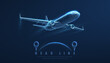 © NeonGridStudio - Glowing airplane with location markers in digital style. Air travel, aviation navigation, transport tracking, flight route, smart mobility, future technology concept. Vector illustration