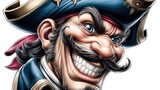 A detailed cartoon portrait of an angry pirate showing a wide, evil grin with a mustache.