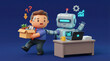 © Rolands - AI replacing worker fear conceptual 3D character being displaced by automation robot in office desk setting for business presentation and corporate marketing