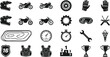 © Arham - Various black and white icons illustrate equipment and objects associated with professional motorcycle racing and competitive motorsport events.