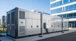 © Nazlykhan - Industrial battery energy storage system unit outside a modern office building. Large container for grid electricity backup. Sustainable power infrastructure and renewable energy solution.