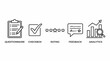 © Reddy - Business survey icons for questionnaire, checkbox, rating, feedback, and analytics