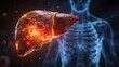 © Olga Ко - Liver cancer and tumor growth medical concept, glowing diseased hepatic organ with red spots on blurred blue human skeleton background, diagnosis and treatment