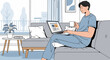 © Budiana - Young man in casual attire relaxing on a gray couch with a laptop and coffee cup in a modern living room with a city view.