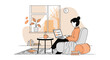 © Budiana - A woman sits on a chair, working on a laptop beside a small table in a cozy room with a window and plants in the background, wearing casual attire with a relaxed posture.