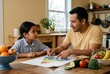 © Breezze - Hispanic father teaching young daughter about nutrition in a home kitchen environment using a food pyramid diagram and fresh produce for family health education