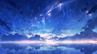 © moegi - 流れ星が降る幻想的な星空と水面の反射背景イラスト