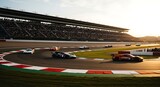 Racecars speeding around a track with spectators in the stands under a setting sun