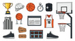 © Rabby - Large set of basketball related objects including balls hoops jerseys sports shoes a trophy whistle and strategy board for coach.