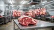 © Julia - Large cut of raw marbled beef on a stainless steel table. Commercial meat processing plant with hanging carcasses in the background. Industrial slaughterhouse and butchery facility