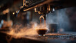 © csp_17 - extreme close-up of a professional espresso machine brewing coffee on a polished black marble counter, rich espresso pouring into a cup while hot steam rises into the air.