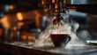 © csp_17 - extreme close-up of a professional espresso machine brewing coffee on a polished black marble counter, rich espresso pouring into a cup while hot steam rises into the air.